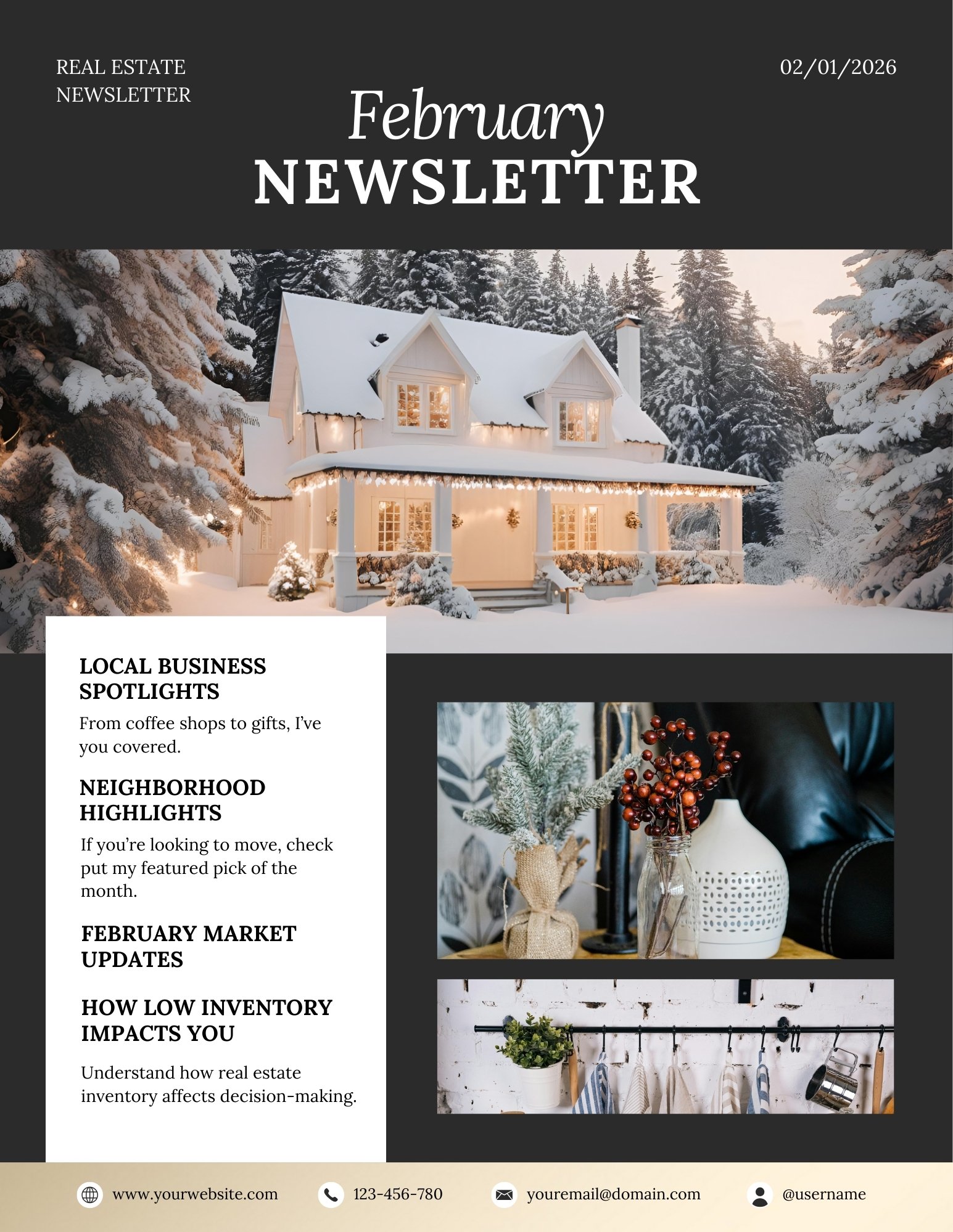 Monthly Newsletter template - February - The Beige-ish Collection - Metallic Gold, Black and White