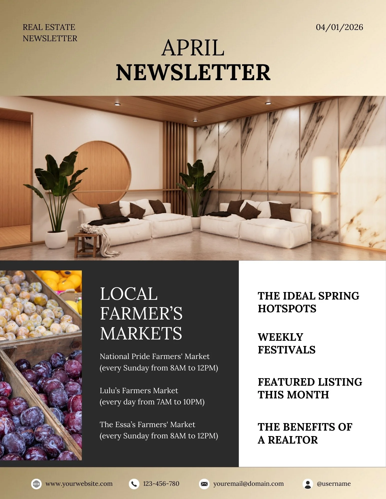 Monthly Newsletter template - April - The Beige-ish Collection - Metallic Gold, Black and White