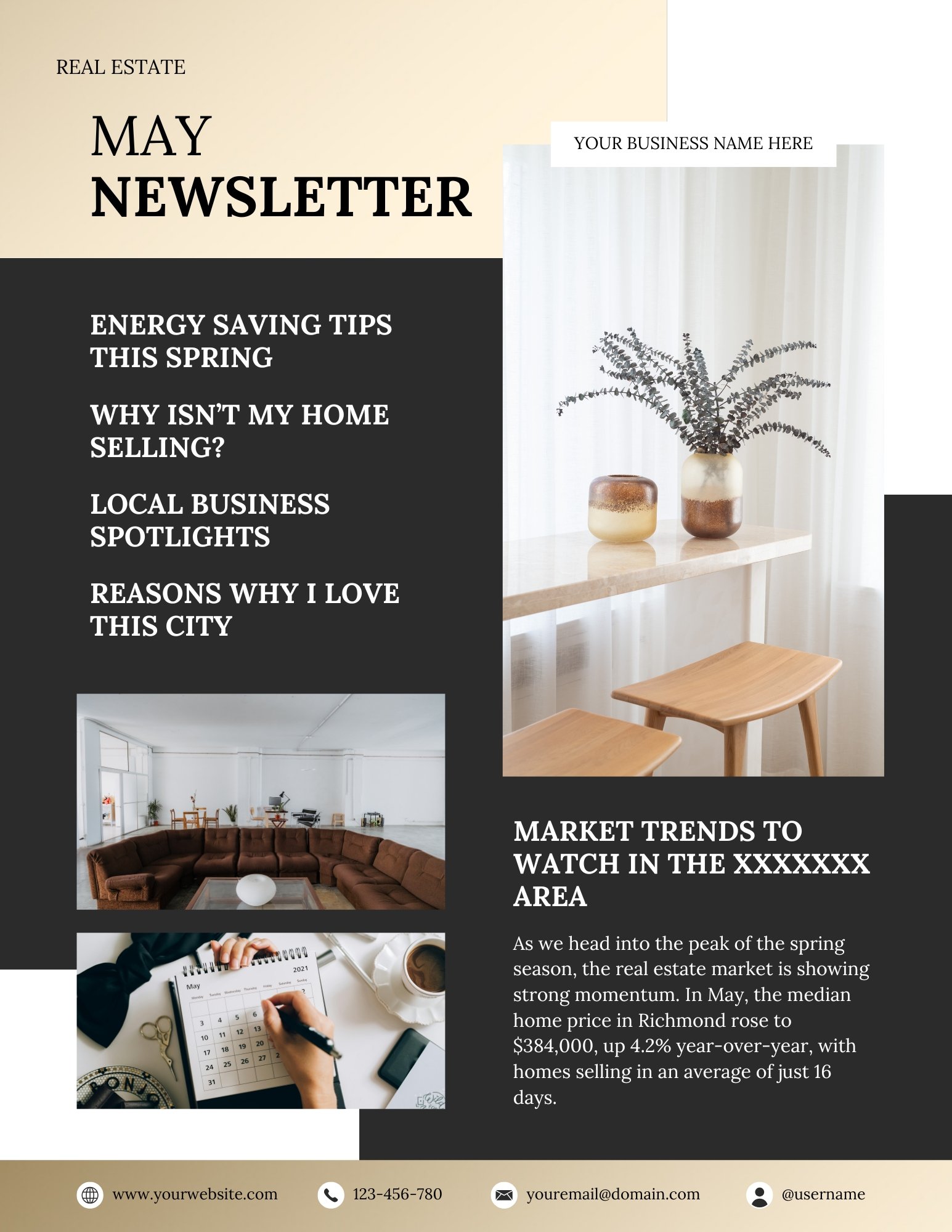 Monthly Newsletter template - May - The Beige-ish Collection - Metallic Gold, Black and White