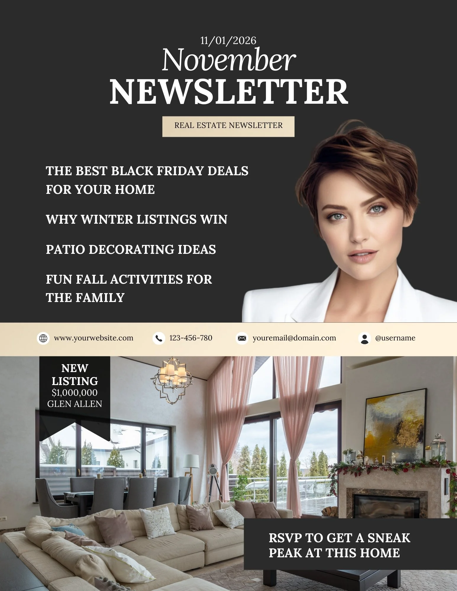 Monthly Newsletter template - November - The Beige-ish Collection - Metallic Gold, Black and White