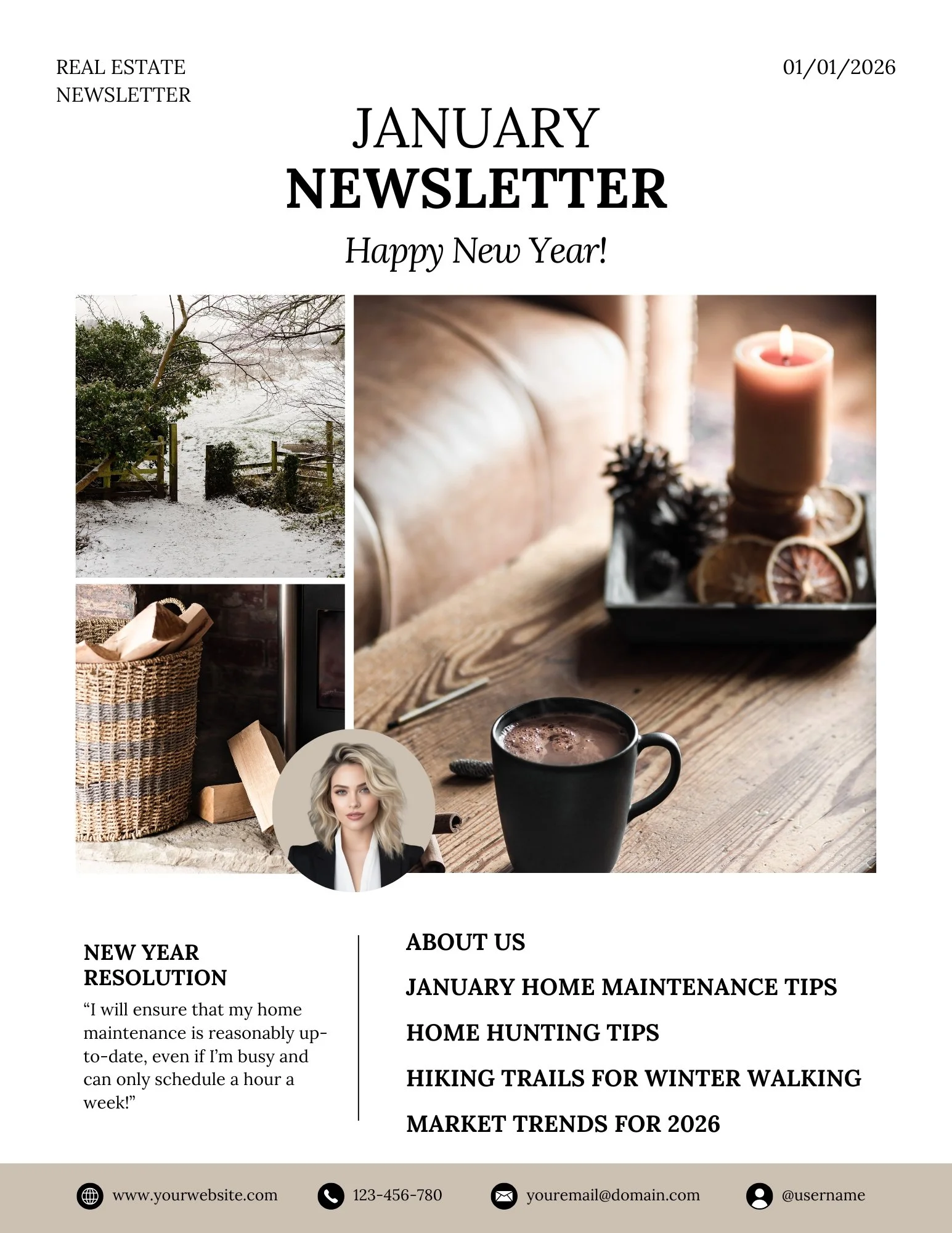 Monthly Newsletter template - January - The Beige-ish Collection - Beige, black and white