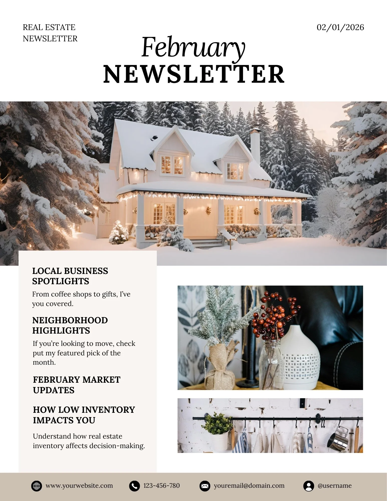 Monthly Newsletter template - February - The Beige-ish Collection - Beige, black and white