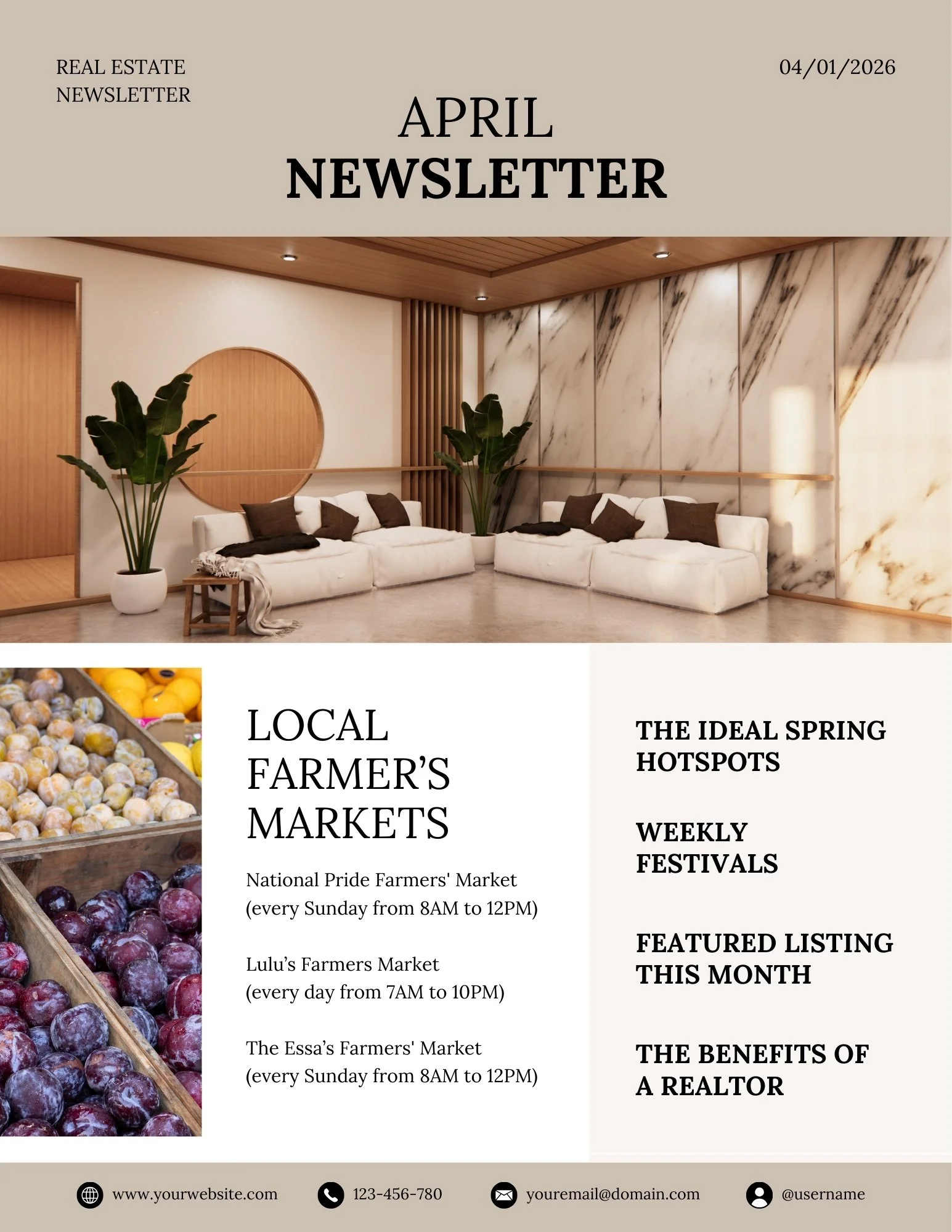 Monthly Newsletter template - April- The Beige-ish Collection - Beige, black and white