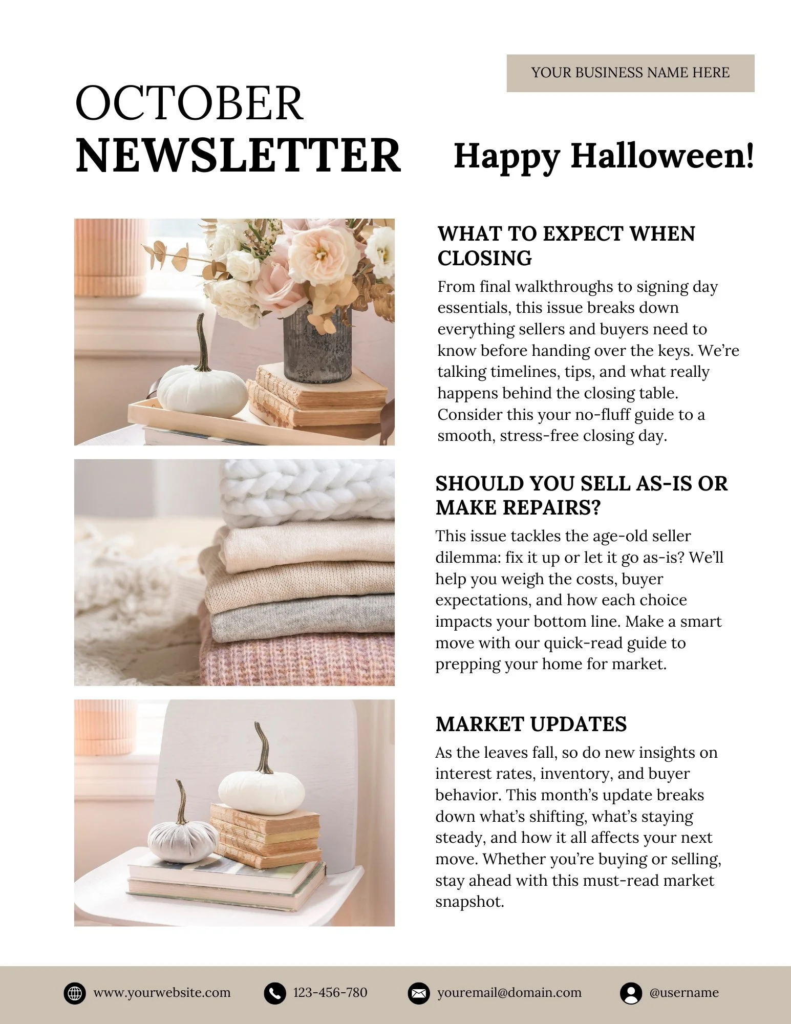 Monthly Newsletter template - October - The Beige-ish Collection - Beige, black and white