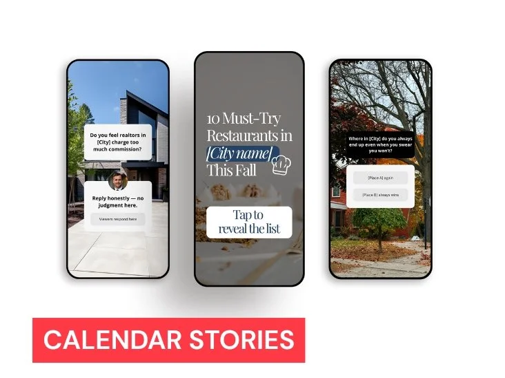 Three smartphone screens displaying social media story templates about restaurants in a city, with a red banner at the bottom labeled 'Calendar Stories'.