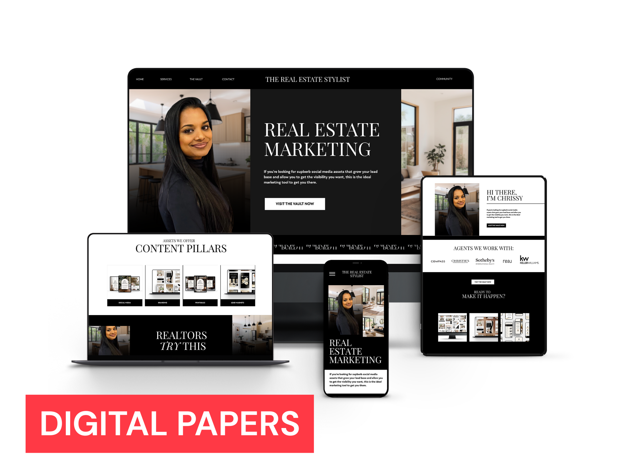 Multiple electronic devices displaying a real estate website with a woman featured on the pages and interior home images.