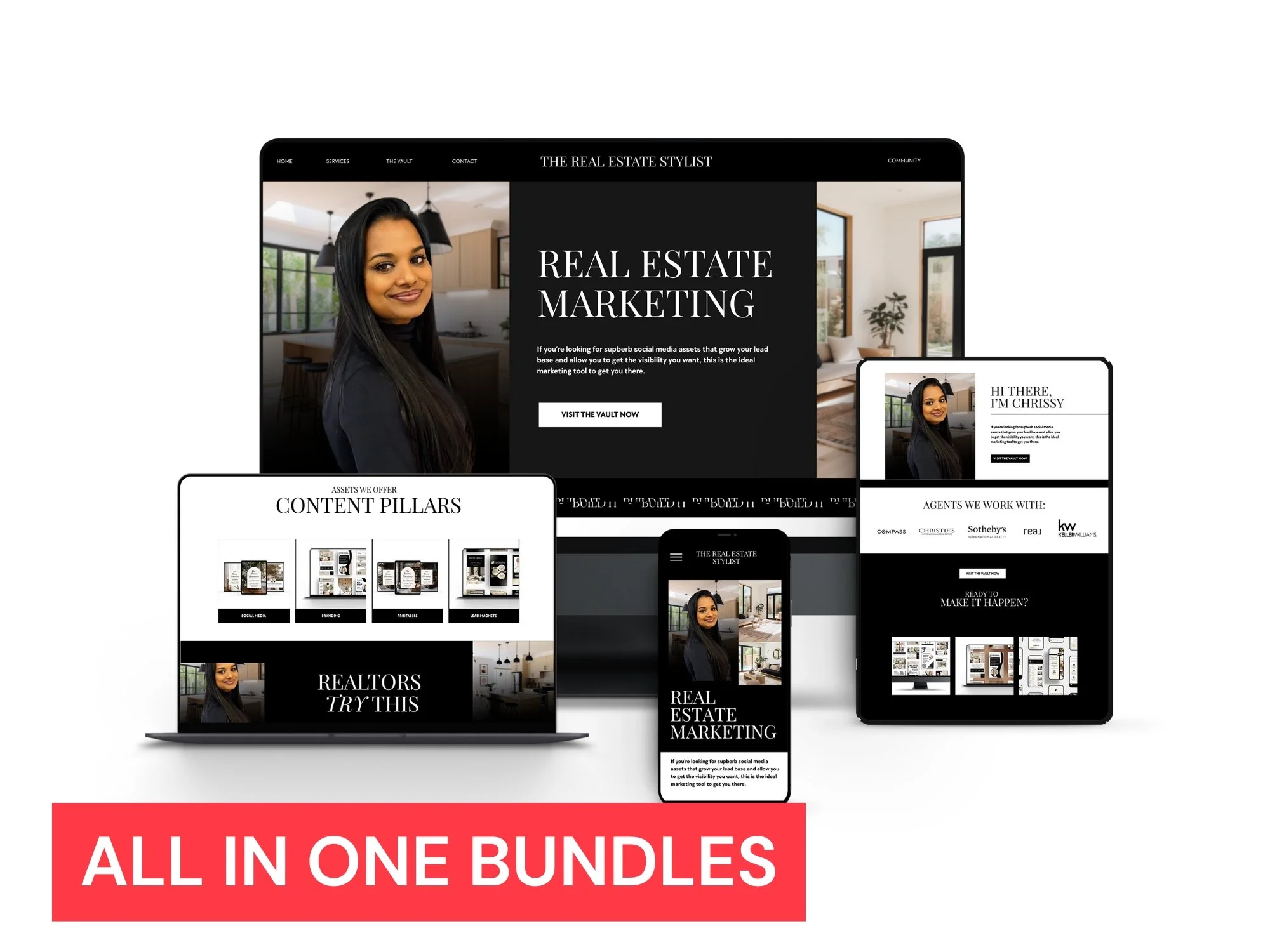 Multiple digital screens showcasing a real estate marketing website with a woman smiling, interior home photos, and promotional banners.