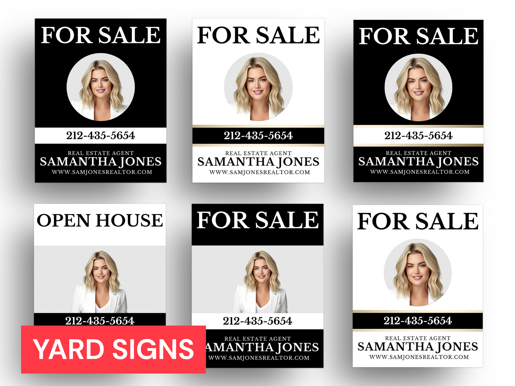 Collection of real estate yard signs featuring a woman with blonde hair and white blazer, advertising a realtor named Samantha Jones, contact number 212-435-5654, and website www.samjonesrealtor.com. One sign mentions an open house. The signs have black and white backgrounds with bold text, some include a photo of the woman.
