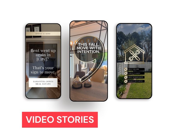 Three mobile phone screens displaying real estate and home improvement content, with a 'Video Stories' label below.
