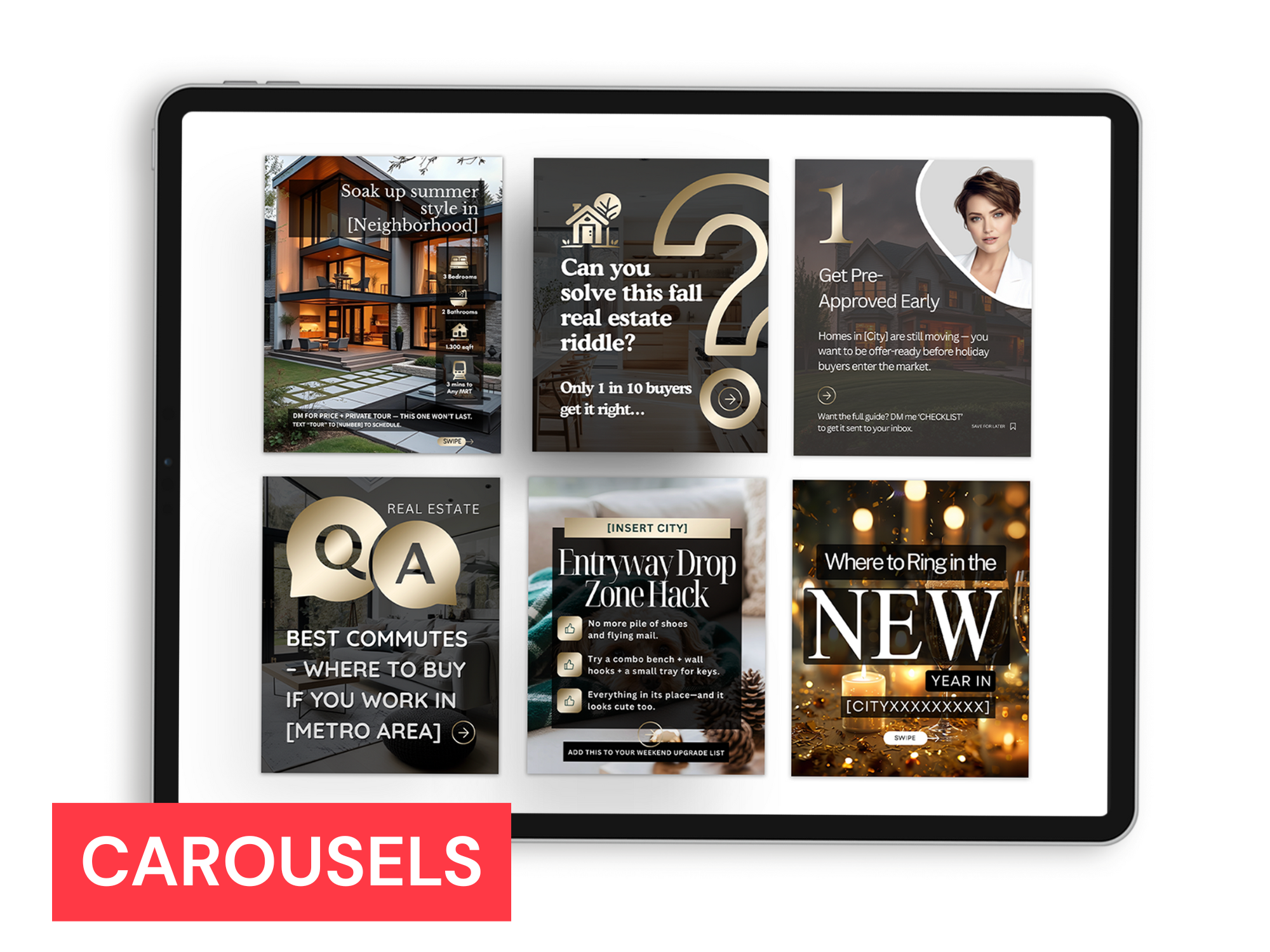 Screenshot of a digital device displaying multiple carousel advertisements related to real estate, holidays, and local guides, with a red label in the bottom left corner that reads 'CAROUSELS'.