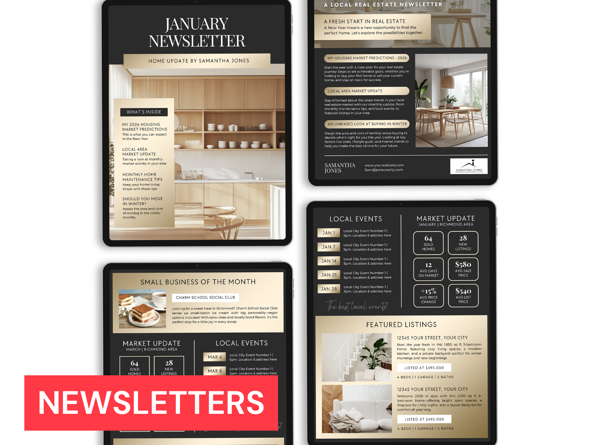 Multiple digital real estate newsletters and advertisements displayed on electronic devices with information about market predictions, local events, new listings, and home tips.