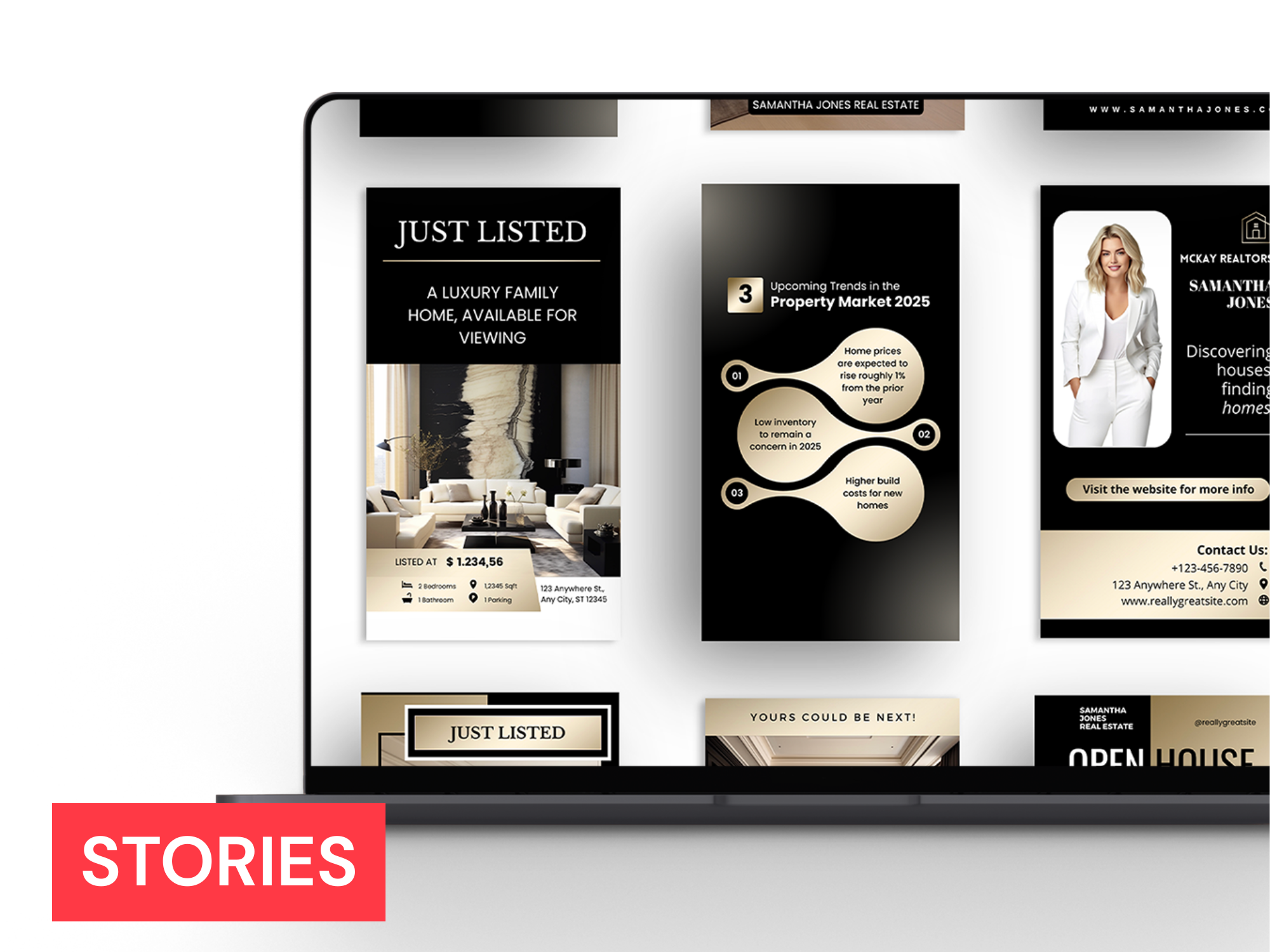 A real estate advertisement showcasing a newly listed luxury home with details about the listing, nearby trends, and contact information for an agent.