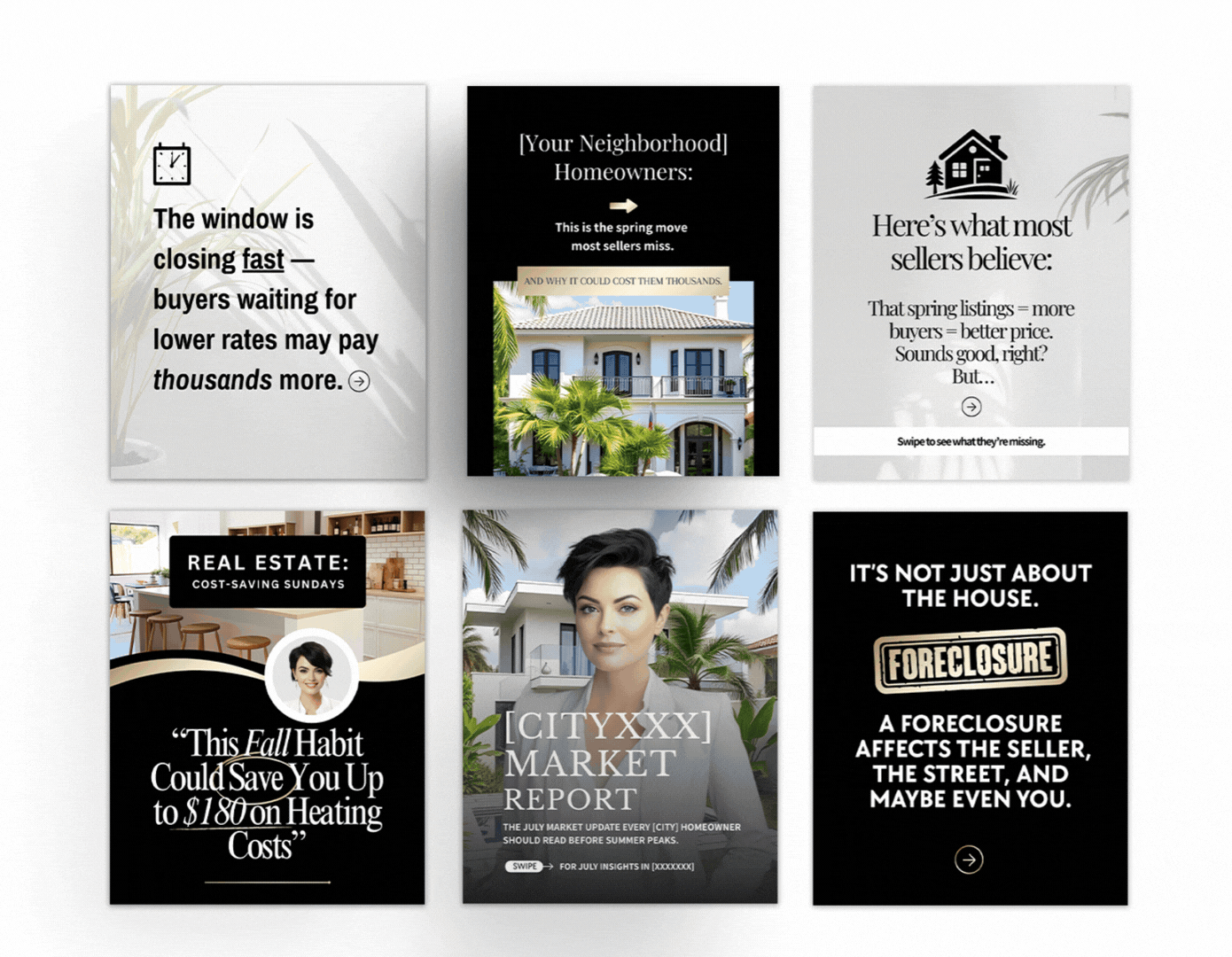 Six social media or digital marketing graphics discussing real estate market trends, homeowner advice, foreclosure information, and property listings, with images of houses and a woman.