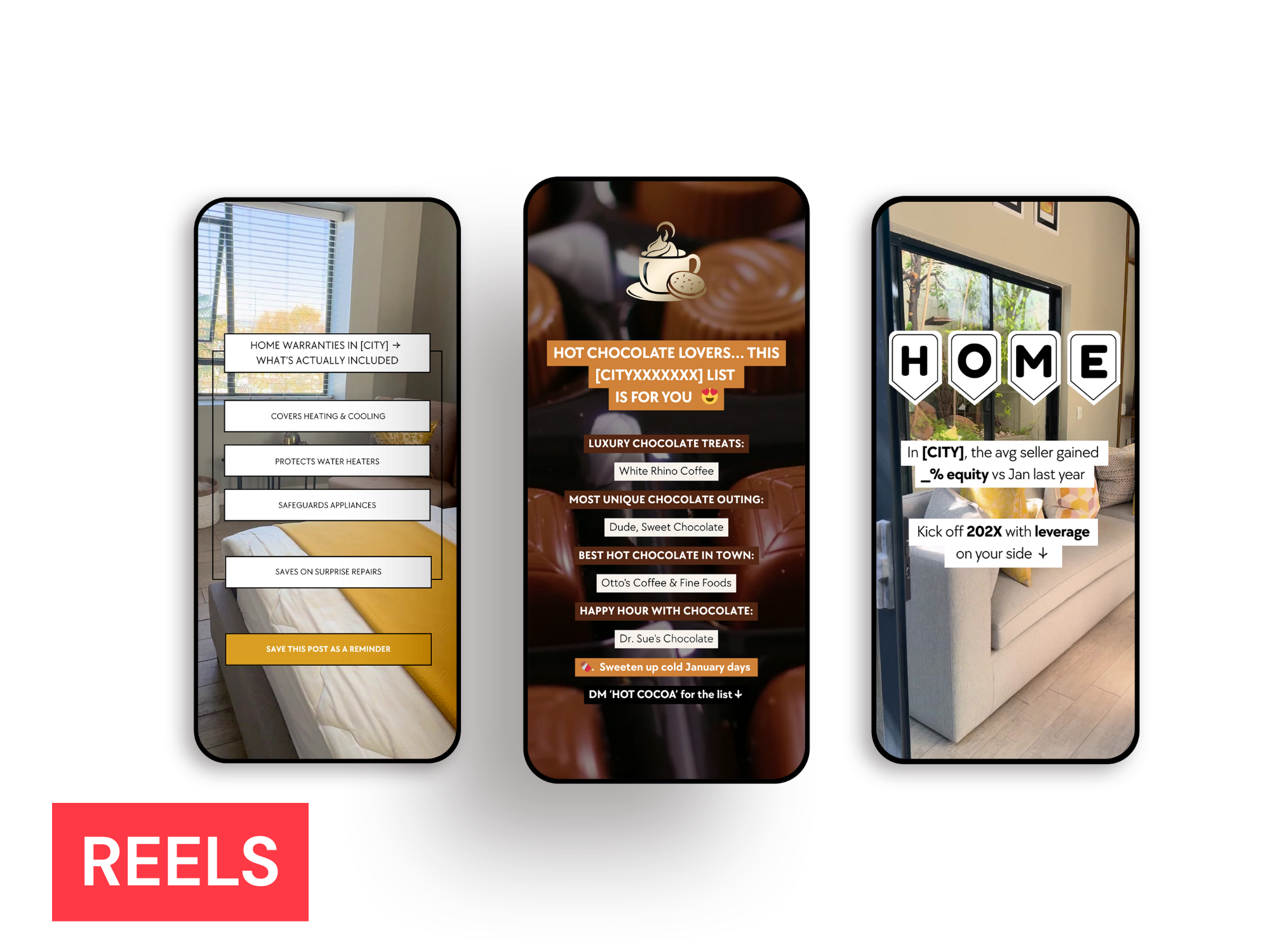 Three smartphone screens displaying social media posts about home warranties, chocolate treats, and real estate, with a red banner in the bottom left labeled "REELS".