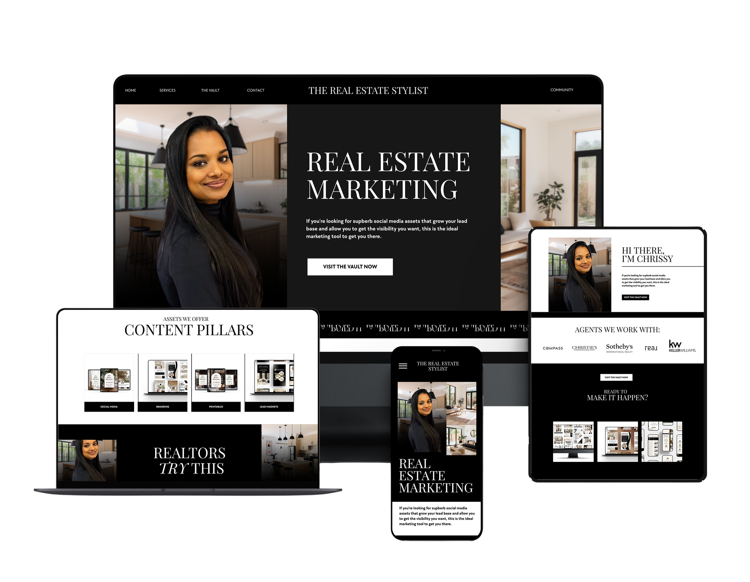 A website homepage on multiple devices with a woman smiling and text about real estate marketing, showcasing interior home spaces.