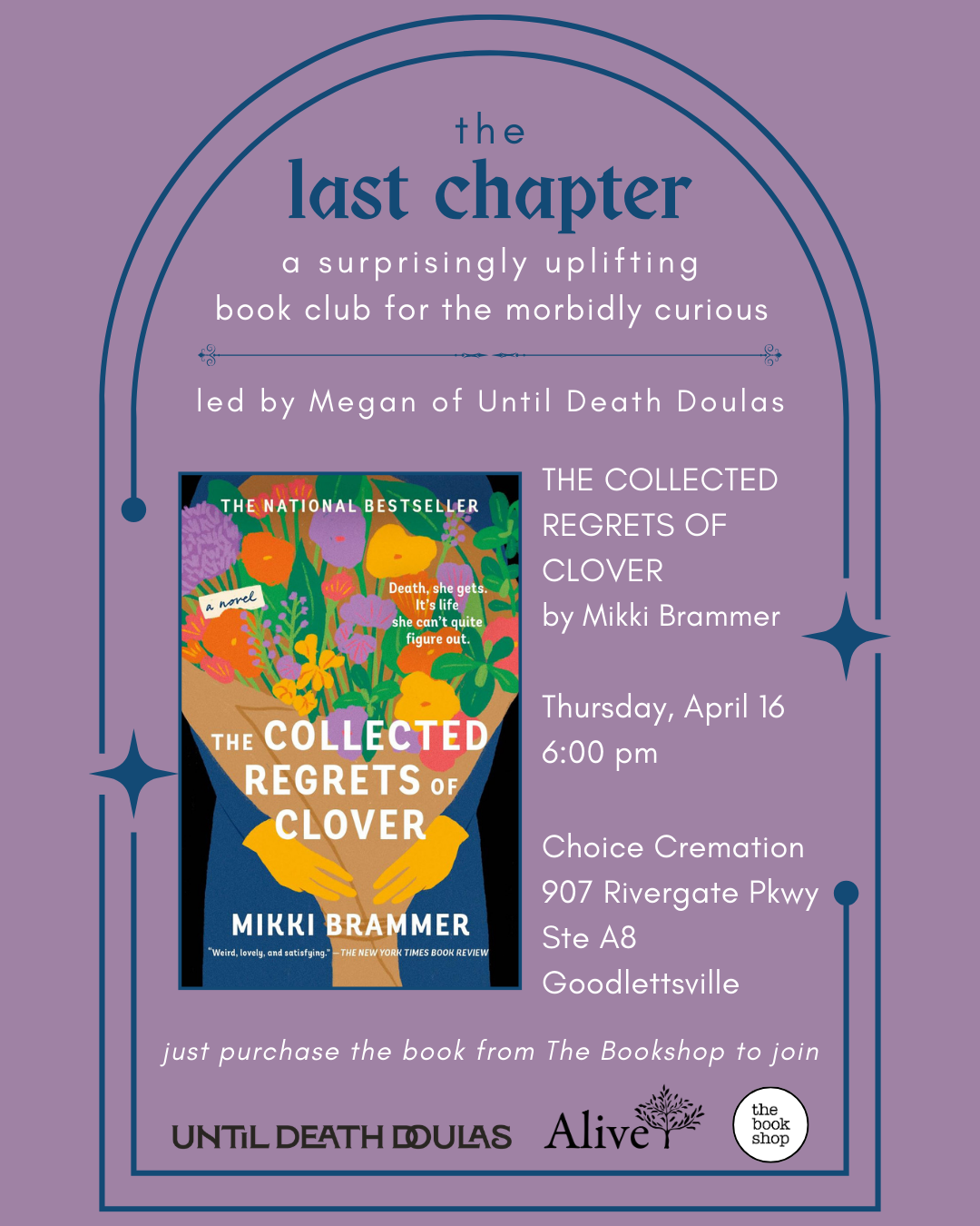 Event poster for a book club meeting featuring the novel 'The Collected Regrets of Clover' by Mikki Brammer. The poster has a purple background with decorative blue lines, a colorful book cover with illustrations of flowers and yellow hands, and event details including date, time, venue, and instructions to purchase the book.