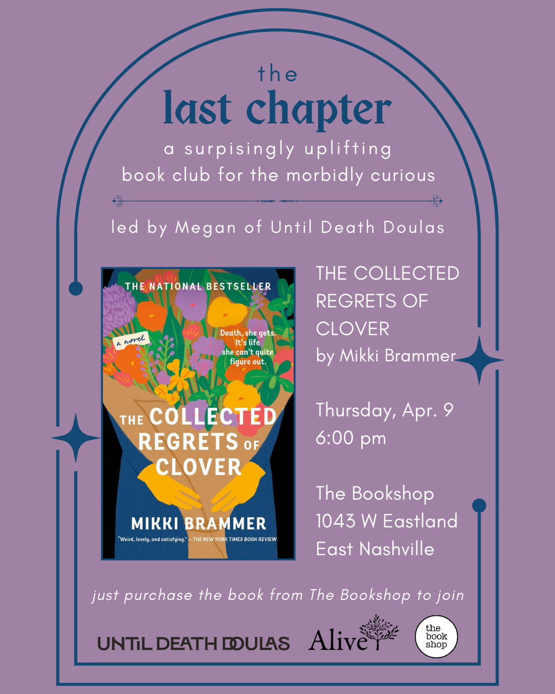Event flyer for a book club meeting featuring the novel "The Collected Regrets of Clover" by Mikki Brammer. The flyer includes the book's cover art, event details (Thursday, April 9 at 6:00 pm at The Bookshop, 1043 W Eastland, East Nashville), and encourages purchasing the book from The Bookshop to join.