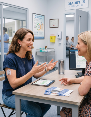 Two women having a conversation at a medical clinic.