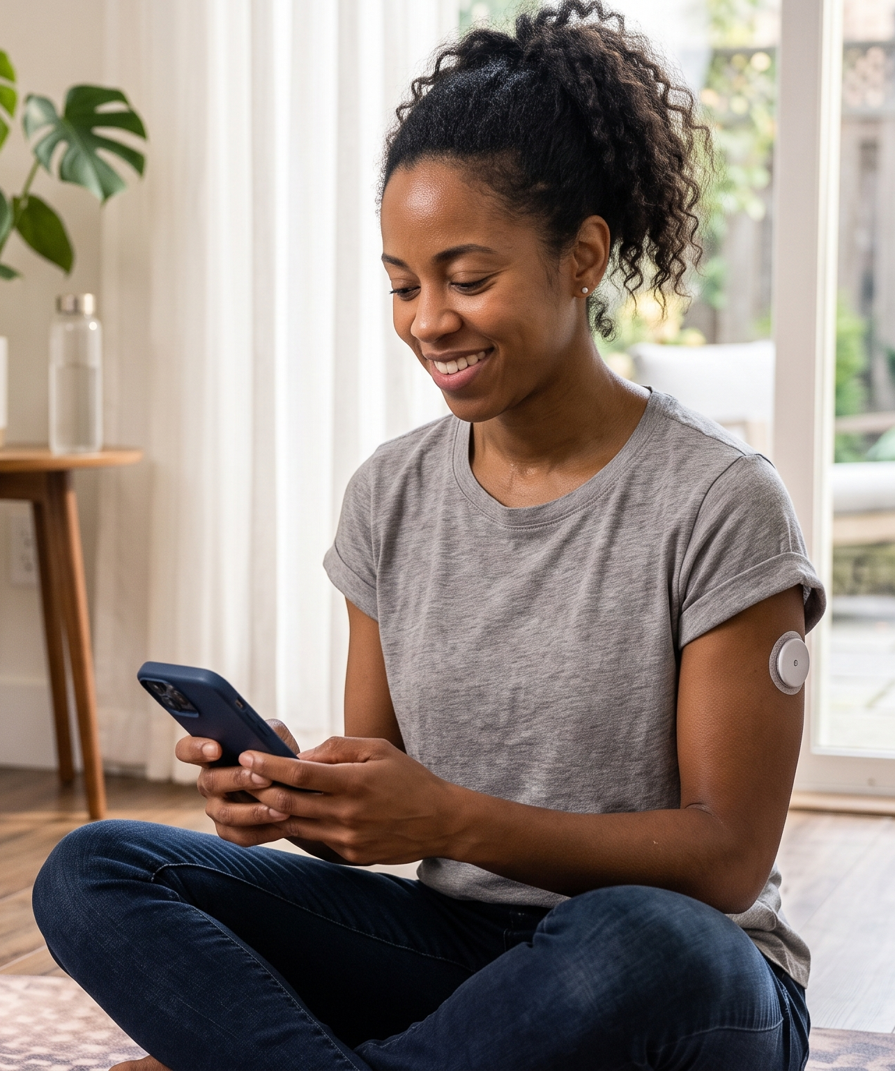 A woman sitting cross-legged indoors, smiling while looking at her smartphone. She has a CGM patch on her upper arm and a device in her hand.