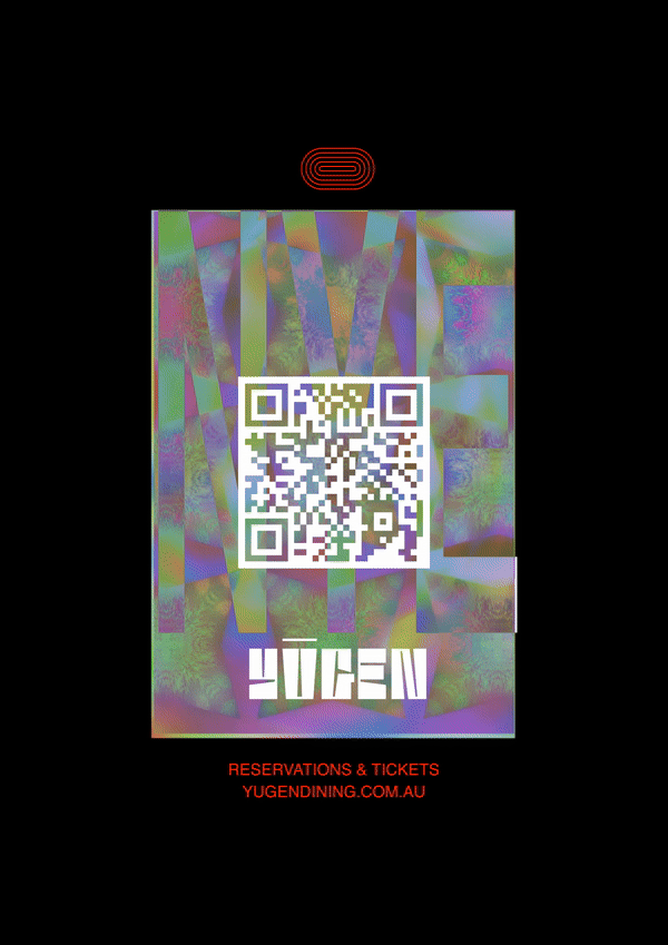 A colorful event ticket with a QR code in the center, the word "YUGEN" in stylized font, and reservation details at the bottom.