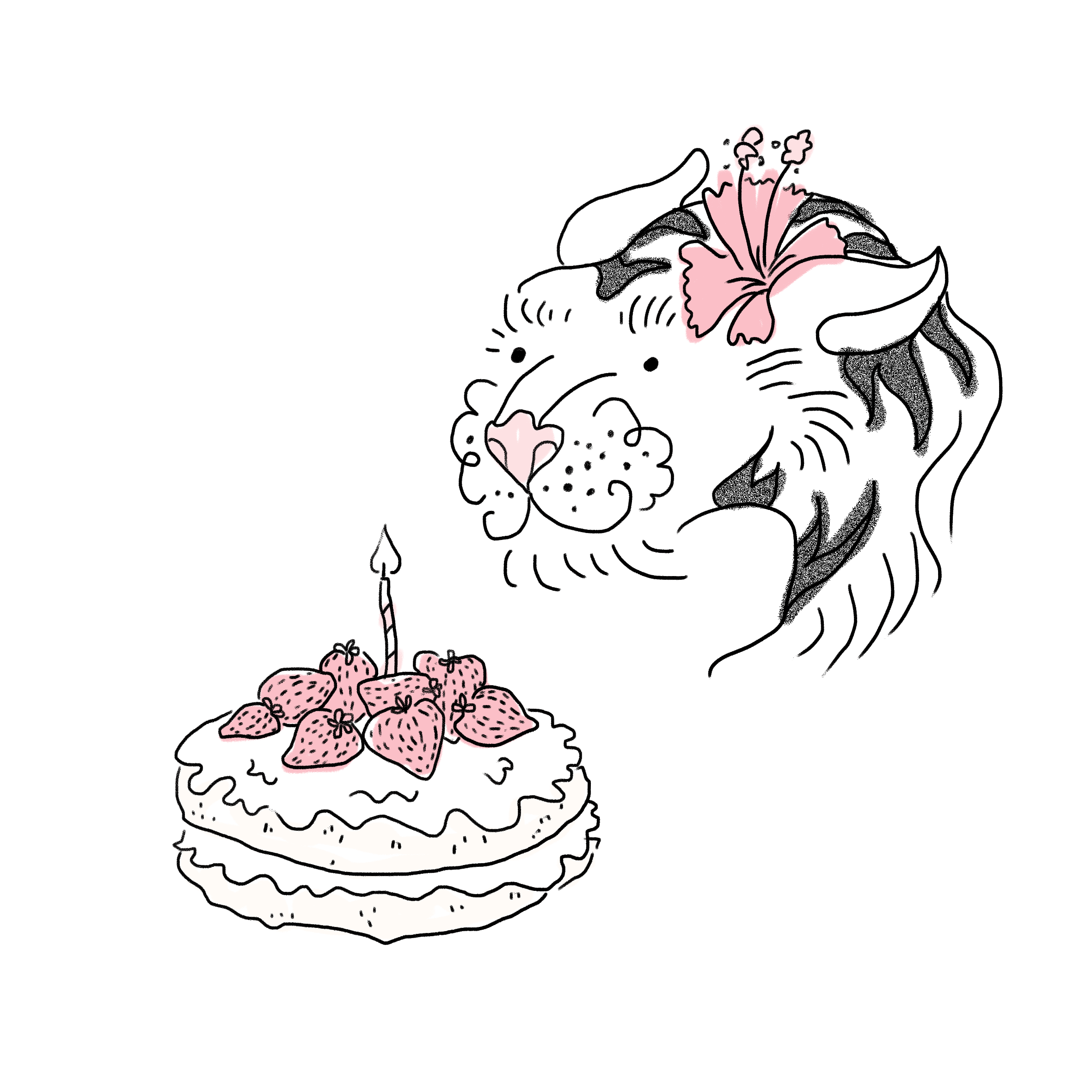 Line drawing of a lion's face with a pink hibiscus flower in its mane, looking at a strawberry cake with a birthday candle.