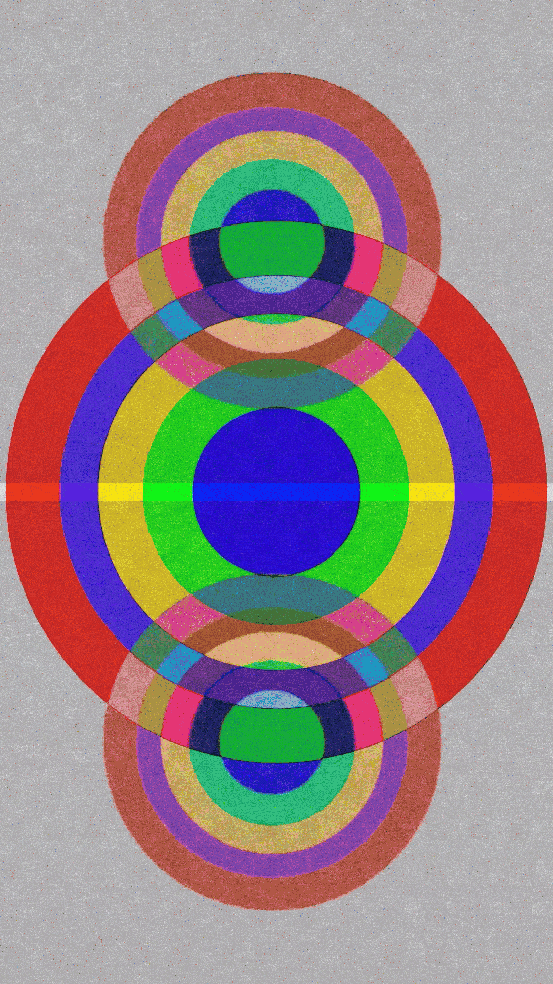 Abstract digital artwork with concentric circles and overlapping semi-transparent rings in vibrant colors on a gray background.