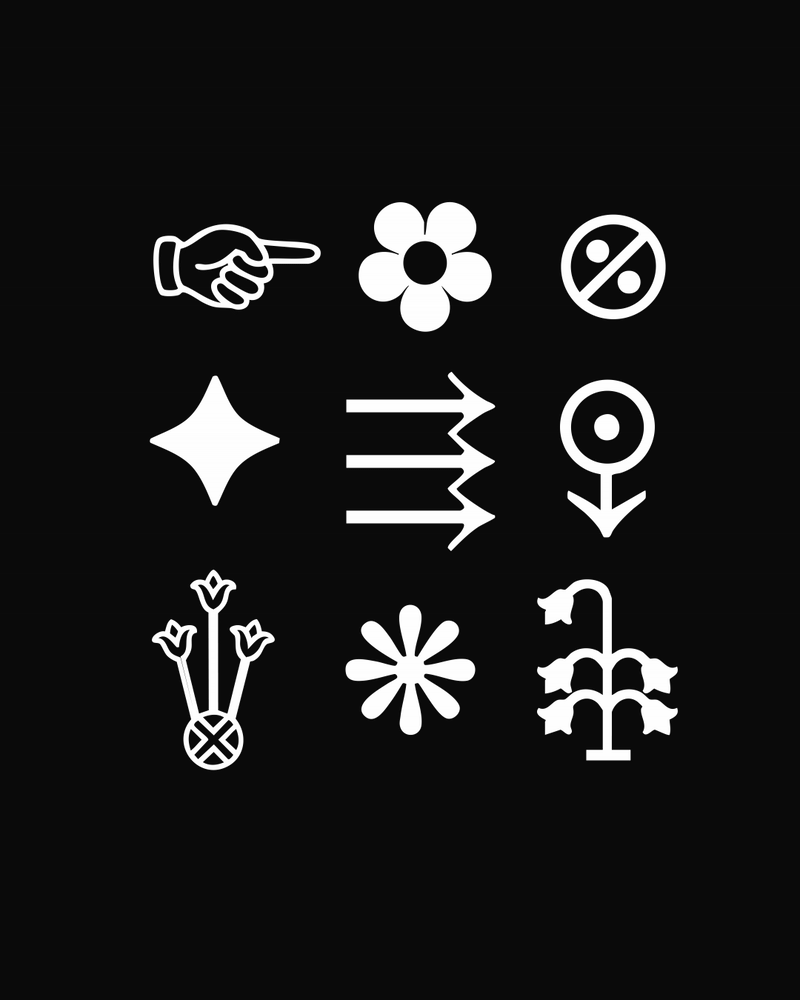 Collection of nine white icons on a black background, including a pointing hand, a flower, a no-scalpel symbol, a spark, directional arrows, a flower in a vase, a daisy, and a garden with three flowers.