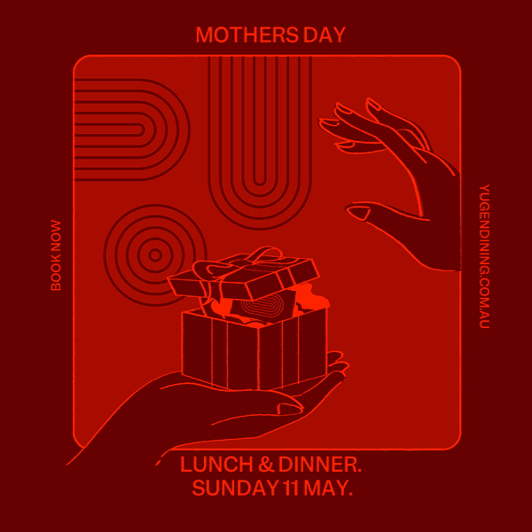 A red graphic promoting Mother's Day with a hand giving a gift and another hand reaching out. Text includes "Mother's Day" at the top, "Lunch & Dinner. Sunday 11 May." at the bottom, and website information on the sides.