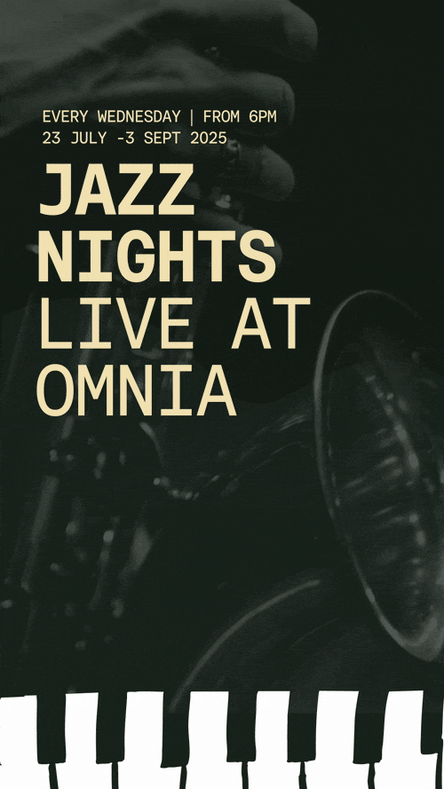 Poster advertising weekly jazz nights live at Omnia from July 23 to September 3, 2025, featuring a close-up of a jazz musician playing a saxophone with a piano keyboard at the bottom.