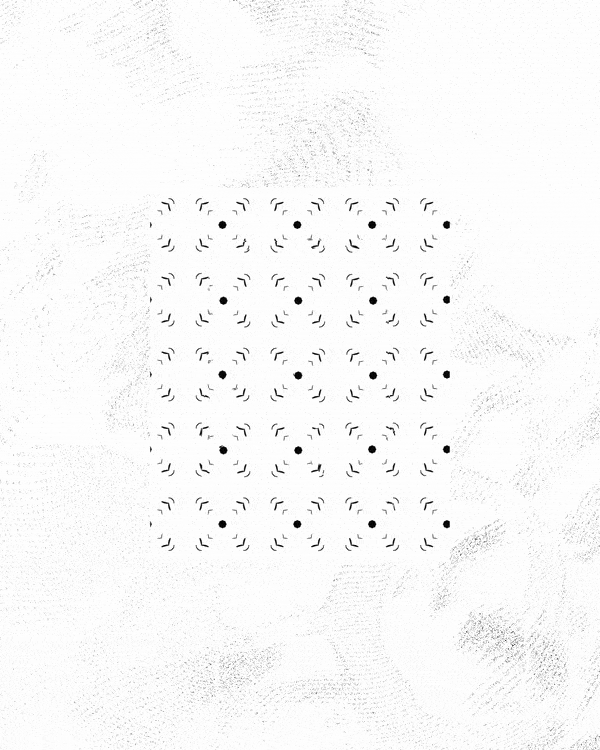 Optical illusion featuring a pattern of black dots and curved lines that create the appearance of swirling or motion.