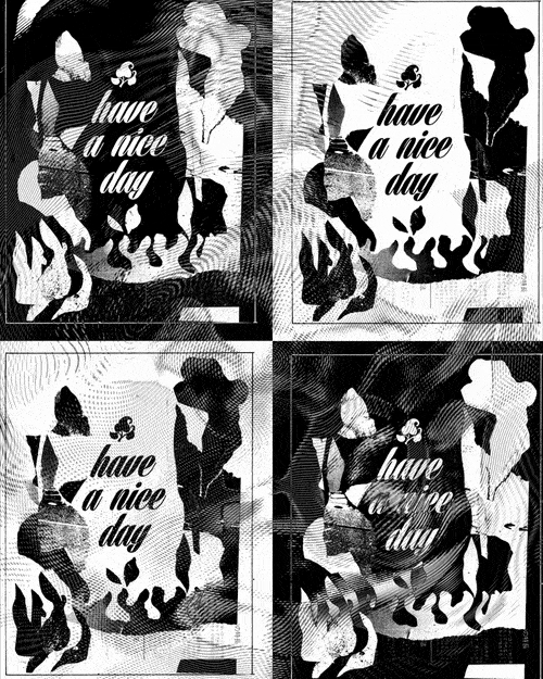 Four black and white abstract illustrations of women walking, with the phrase "have a nice day" in cursive text, arranged in a grid.