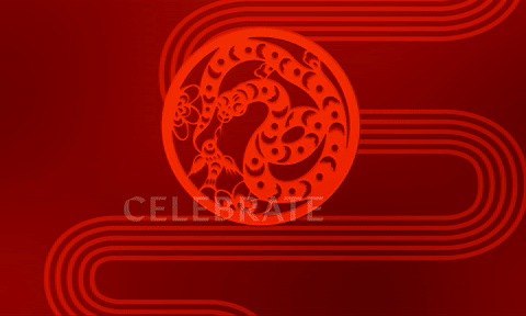 Red background with a circular emblem of a dragon and swirling lines.