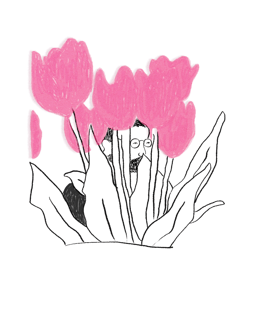 Line drawing of a person with glasses and a beard disguised behind pink flowers and large leaves.
