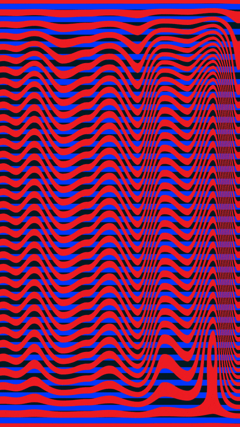 Optical illusion with wavy red and blue lines creating a distorted pattern.