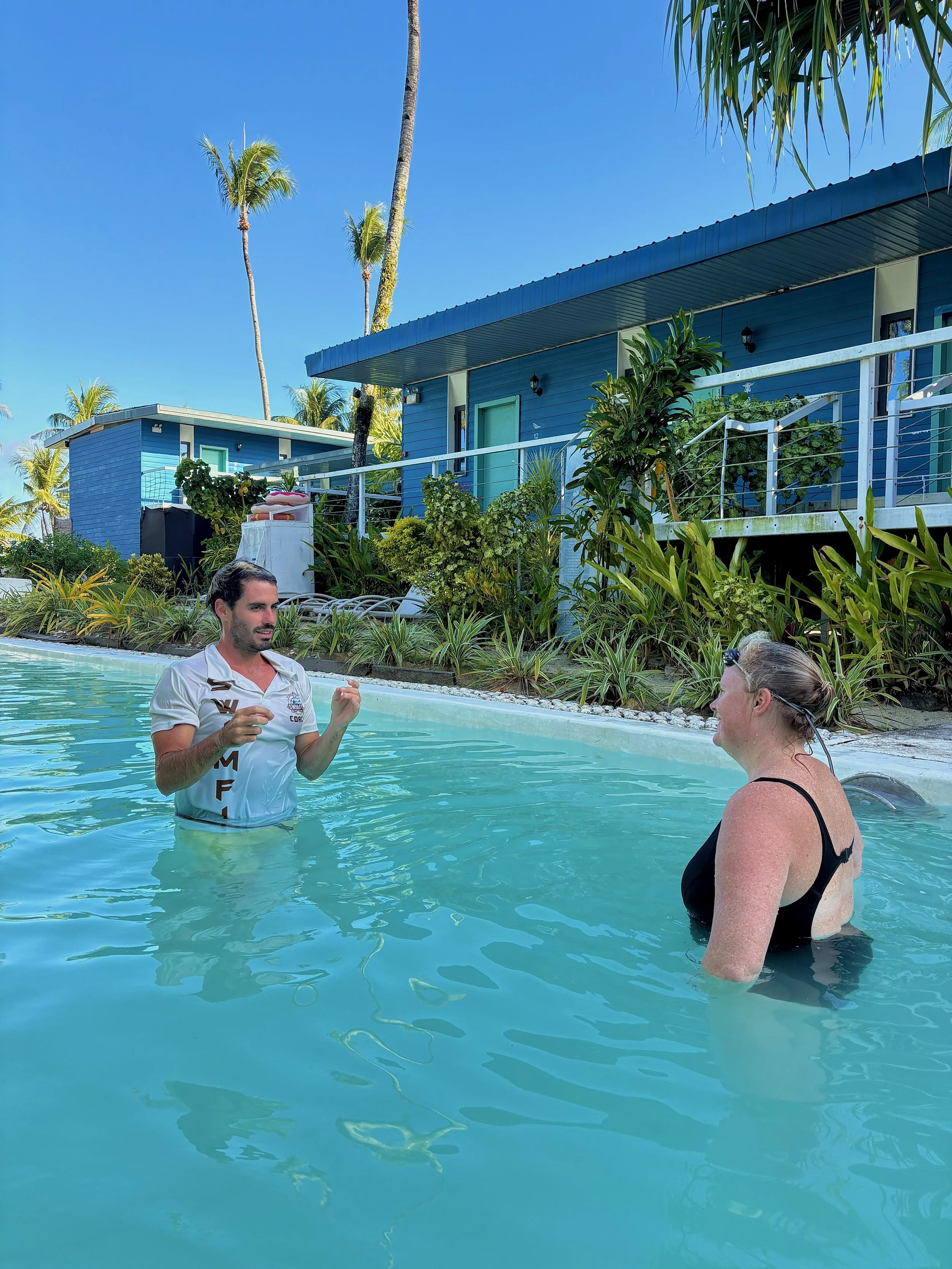 David teaching his guest how to swim at one of his private swimfit retreats