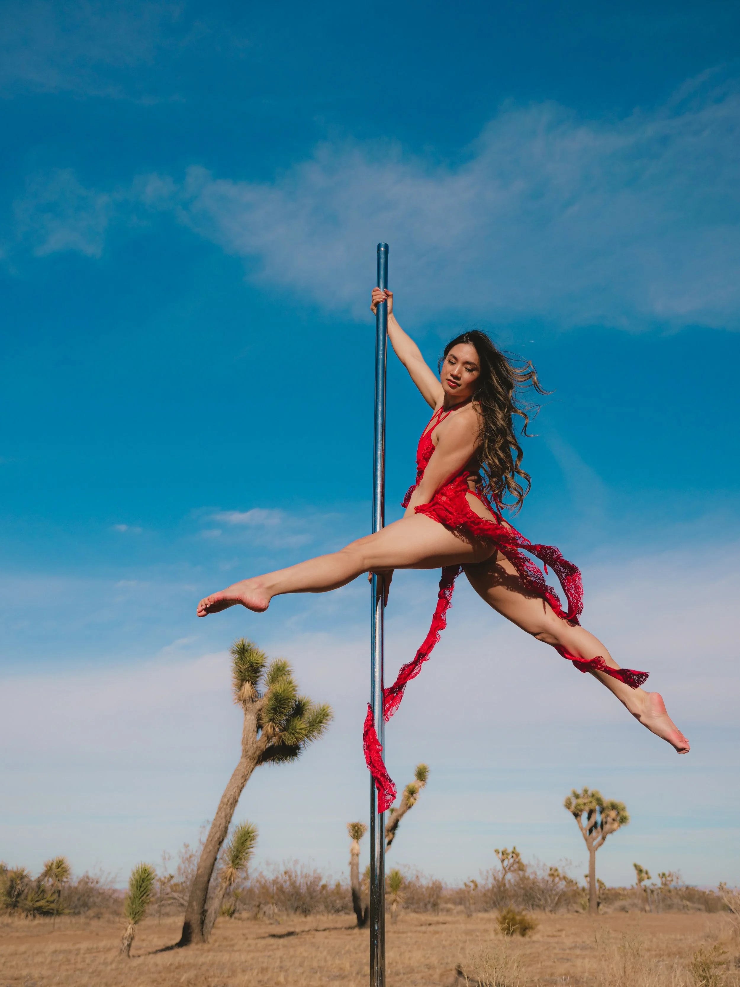 A woman in a red lace dress performs a pole dance move outdoors in a desert landscape with Joshua trees under a clear blue sky.