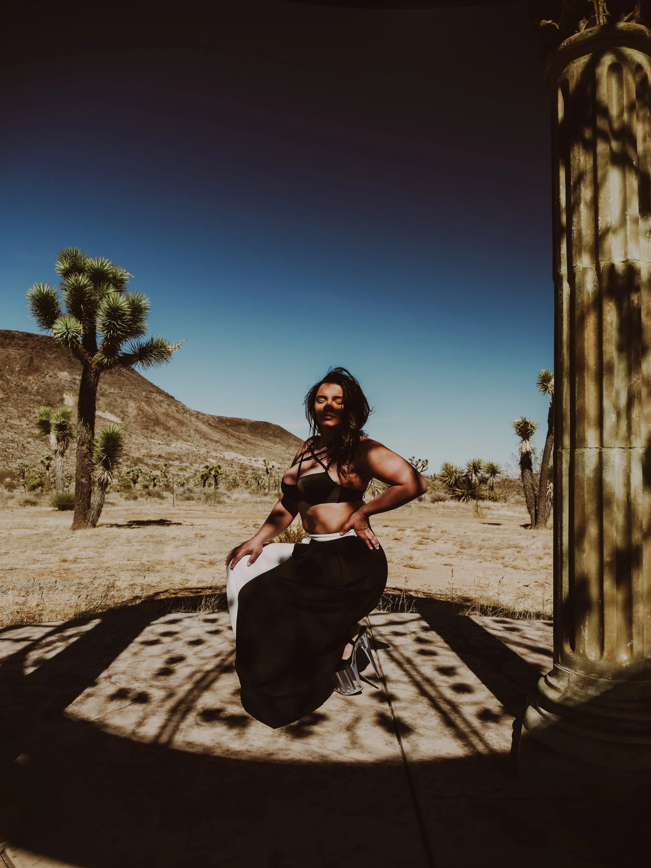 A woman in a black top and long black skirt sitting outdoors in a desert landscape with Joshua trees, under a clear blue sky, with the shadow of an ornate structure cast on the ground.