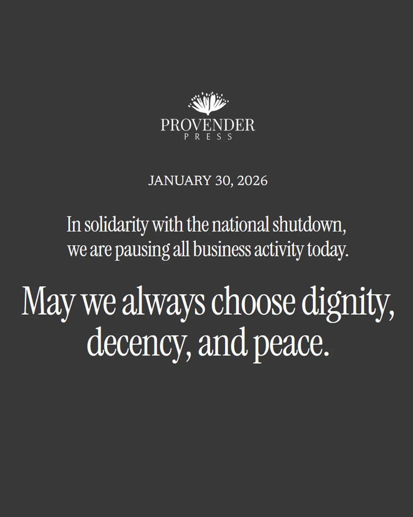 In solidarity with the national shutdown, we are pausing all business activity today.

Communities are banding together across the nation to stand for safety, justice, and human dignity. We stand with them.

We had intended to release a novella today