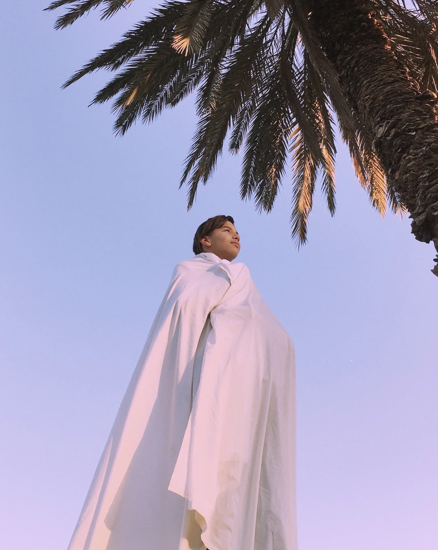 Person wrapped in a white cloth looking up at a palm tree against a clear sky.
