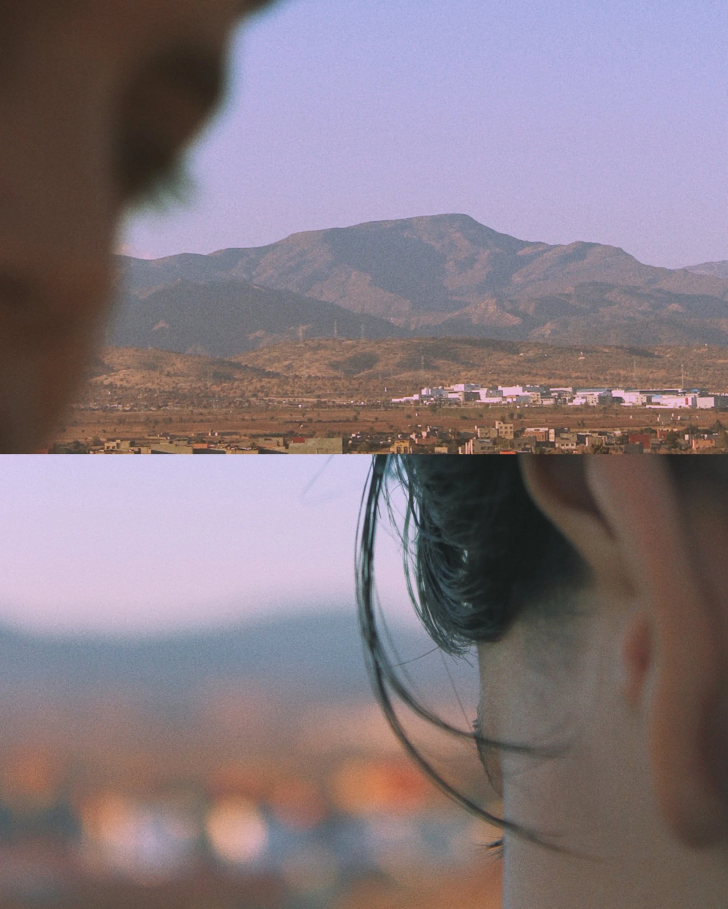 The image is divided into two parts. The top part shows a mountain landscape with a city or town at the base and some buildings visible. The bottom part is a close-up of a person's profile, focusing on their ear, hair, and neck, with some blurred out