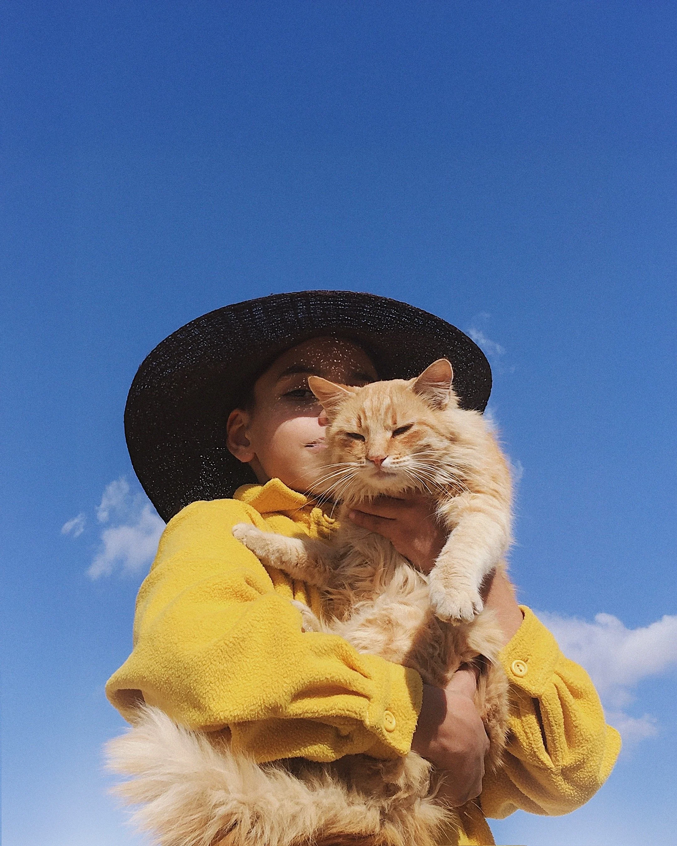 A person wearing a wide-brimmed black hat and a bright yellow jacket holding a fluffy orange cat against a clear blue sky.