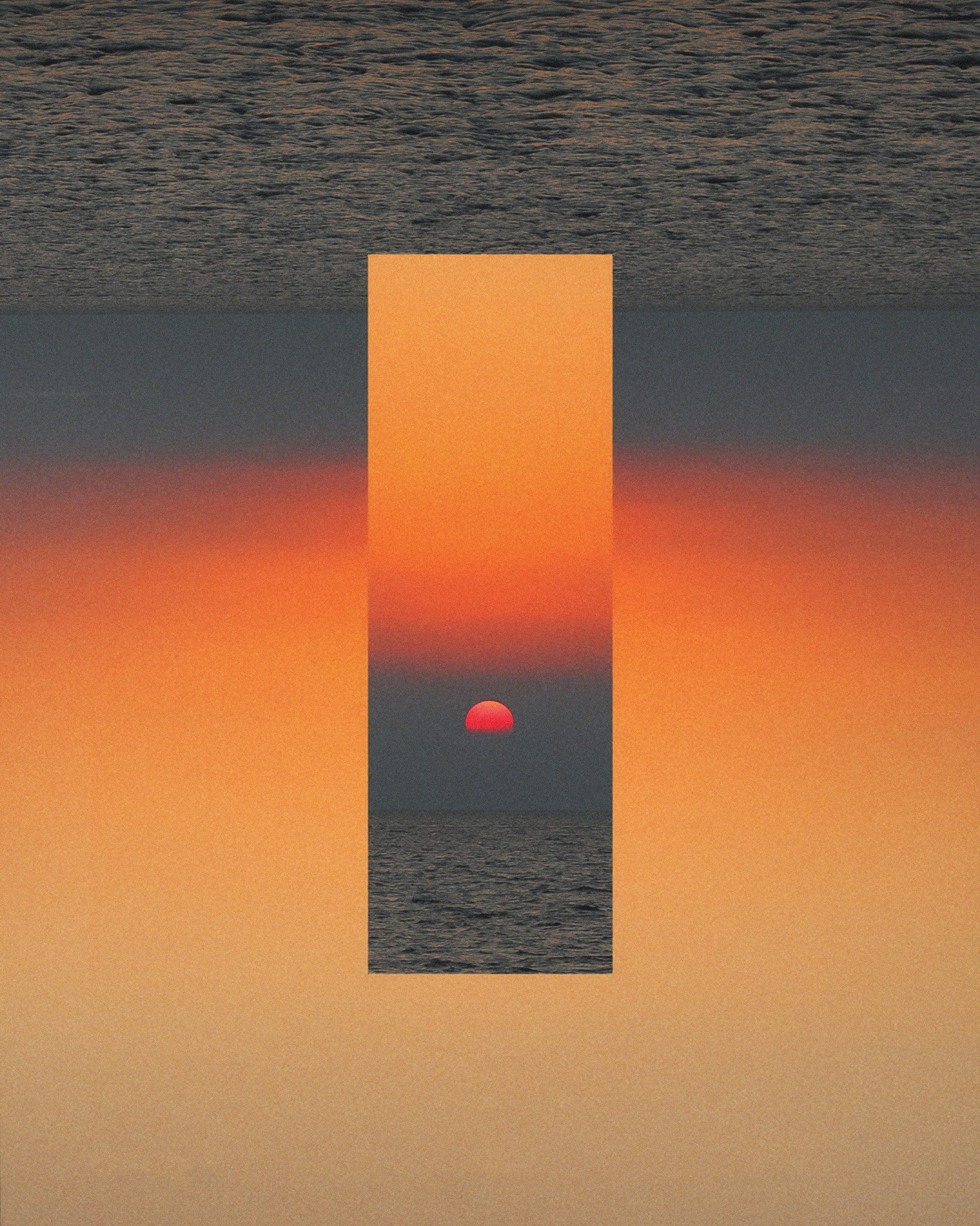 Abstract art with a sunset scene viewed through a rectangular frame, featuring a red sunset over the ocean with a sky transitioning from orange to dark gray, mirrored by the abstract surroundings.