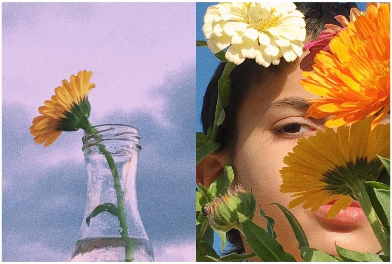 Split image with a yellow flower in a glass vase on the left and a woman with a flower crown and large yellow and orange flowers obscuring part of her face on the right.