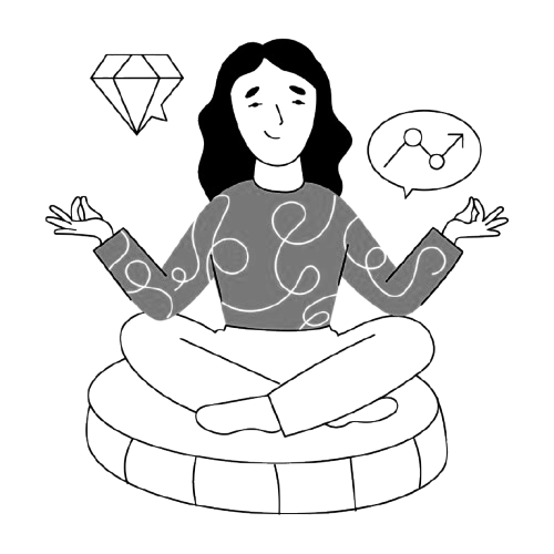 Illustration of a woman sitting cross-legged on a cushion, with arms outstretched, surrounded by symbols of a diamond and financial growth.