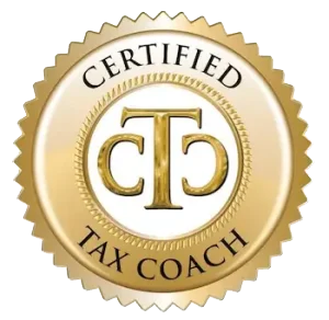 Gold certification badge with the text 'CERTIFIED TAX COACH', Tax planner