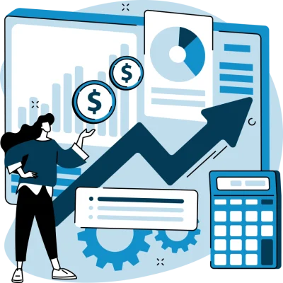Illustration of a woman analyzing financial data, with upward trending arrow, dollar symbols, charts, gears, and a calculator.