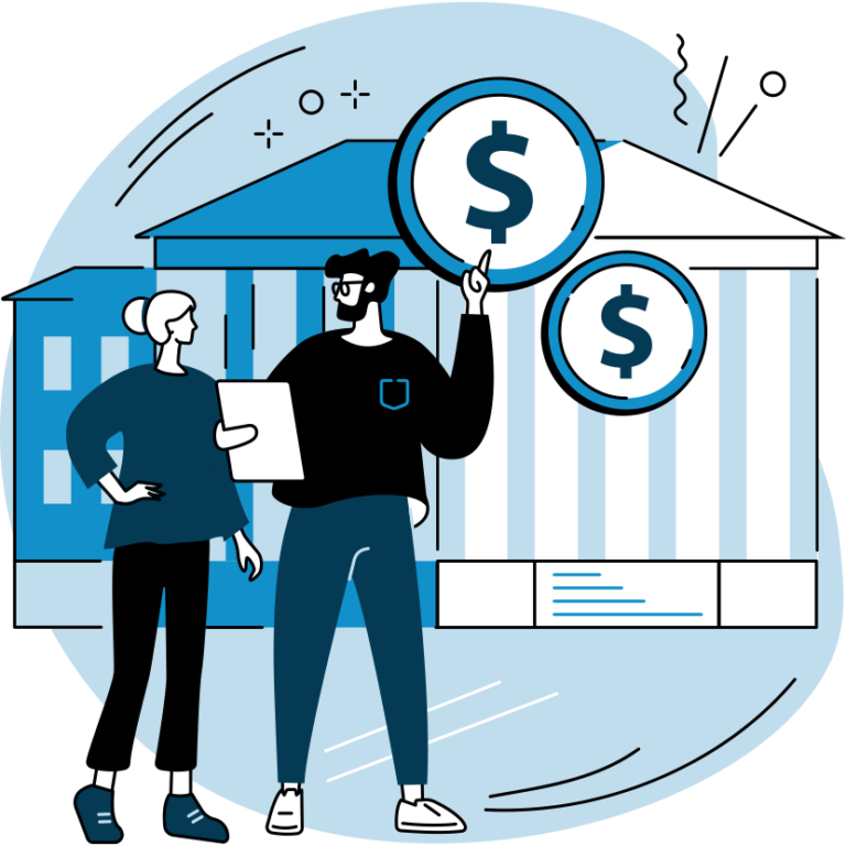 Two people discuss finances outside a government building, with large dollar signs overhead, indicating a financial or economic discussion.