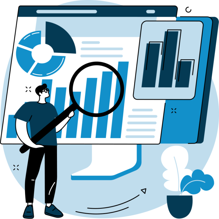 Illustration of a person analyzing business data on a computer screen with bar and pie charts, and a magnifying glass emphasizing growth.