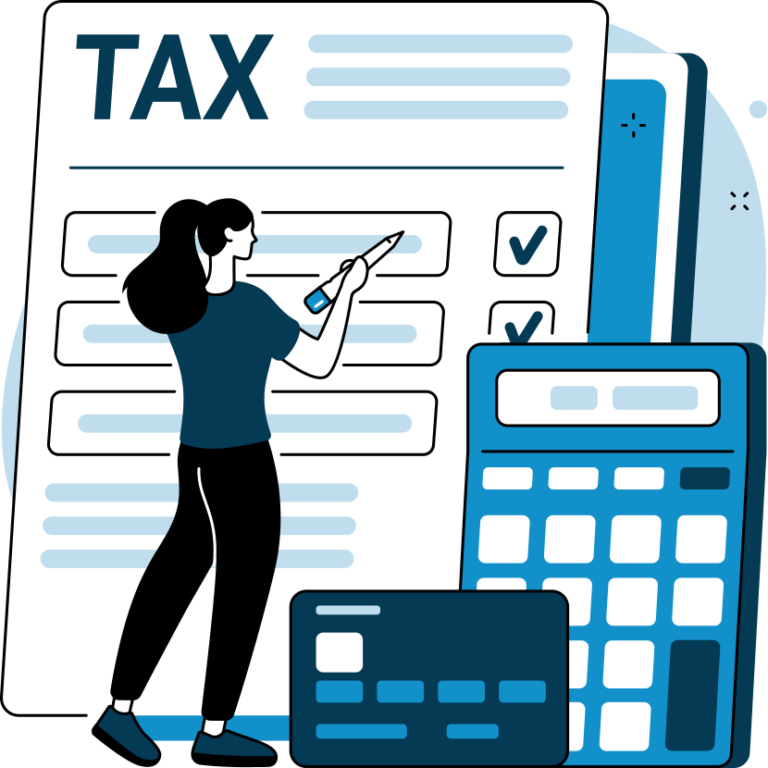 Illustration of a woman filling out a tax form with a pen, accompanied by a calculator and a credit card, representing tax filing or financial planning.
