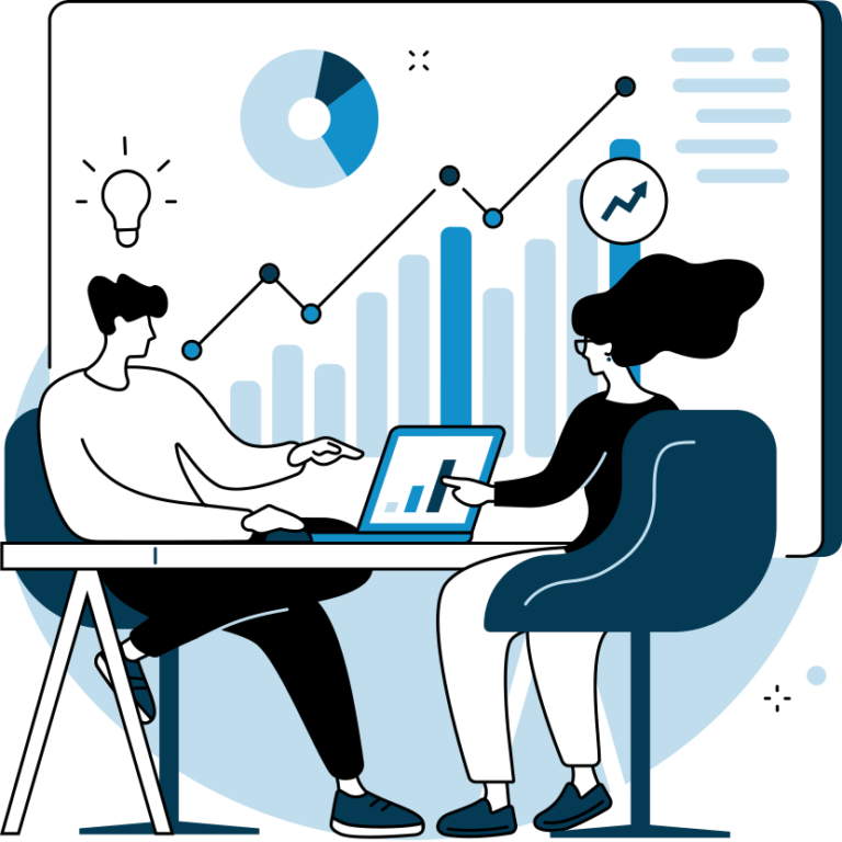 Two people engaging in a business discussion or strategy meeting, with graphs and charts on a large screen behind them, indicating data analysis or progress tracking.